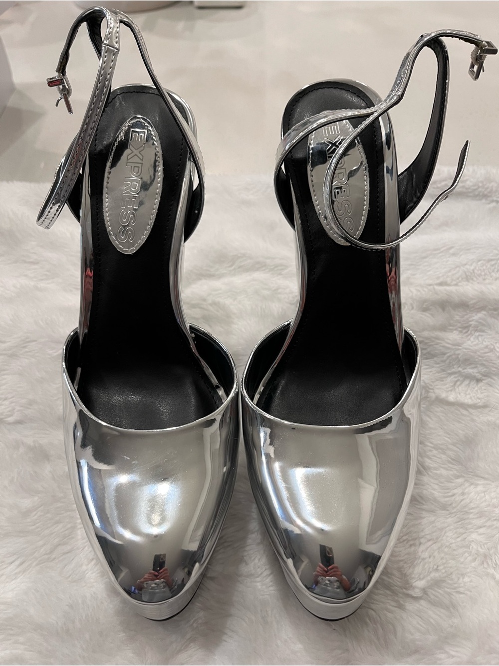 Express Silver Metallic Ankle-Strap Platform Heels
